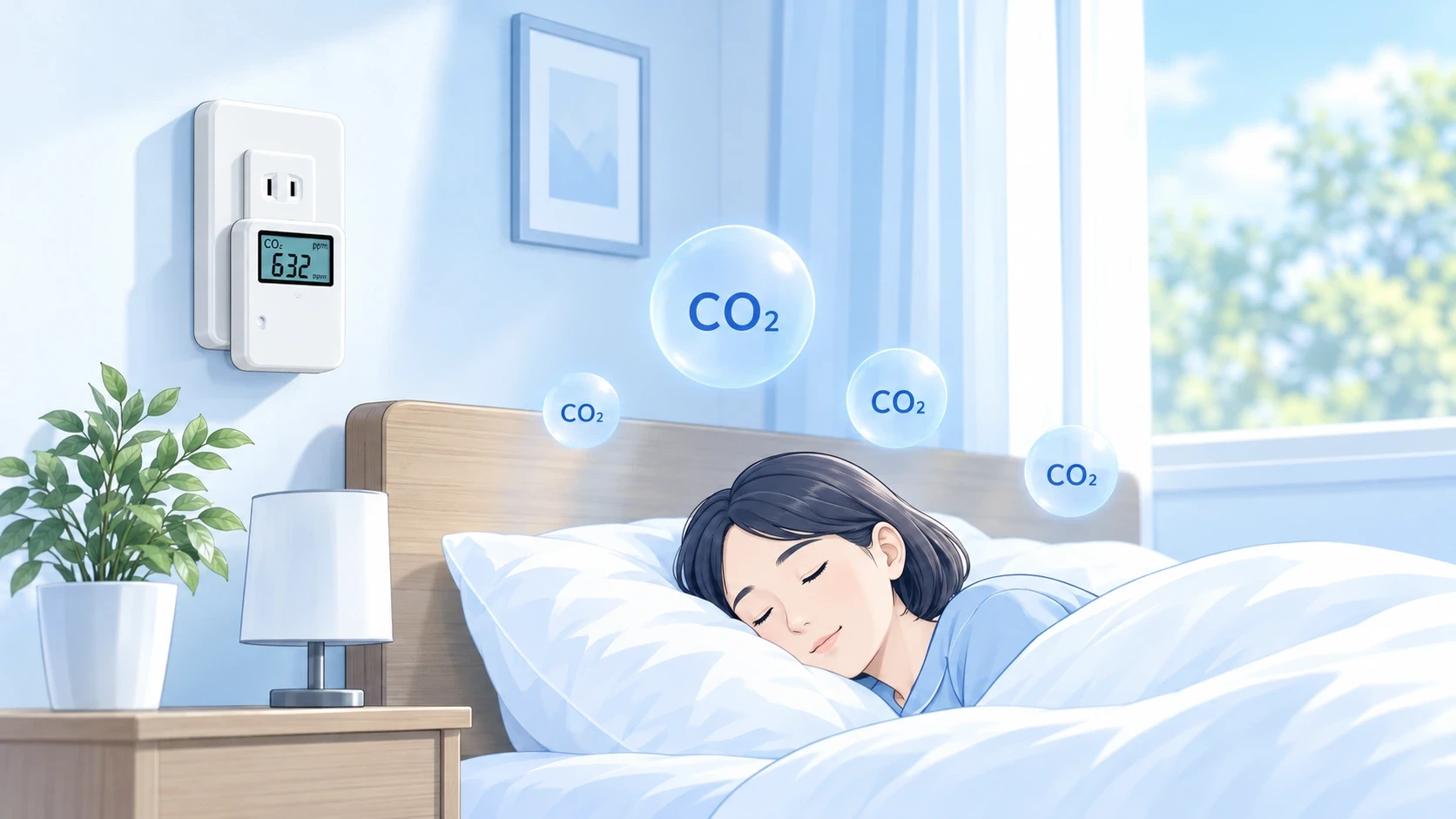 就寝中の人と壁のCO₂センサーを描いた見守りのイメージ